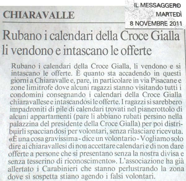 Il messaggero: Rubano i calendari della Croce Gialla, li vendono e intascano le offerte